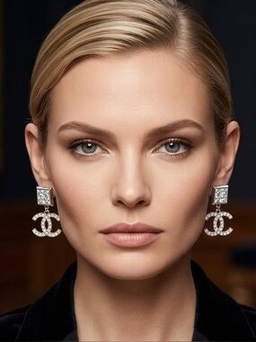 Chanel Silver Rhinestone CC Dangle Earrings